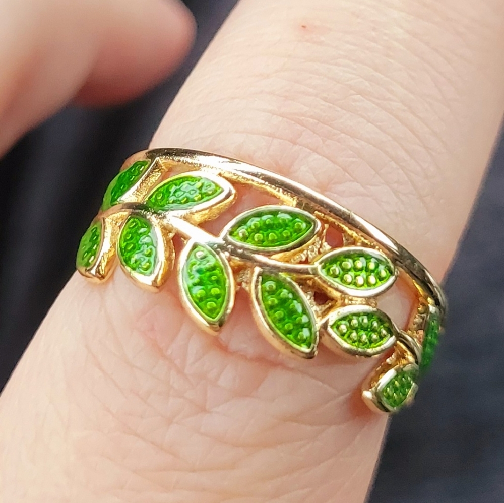 Green Golden Leaves Greek Laurel Crown Ring Adjustable Band